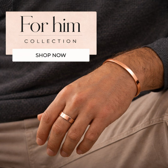 Hand wearing a rose gold ring and bracelet with 'For him' collection text overlay.
