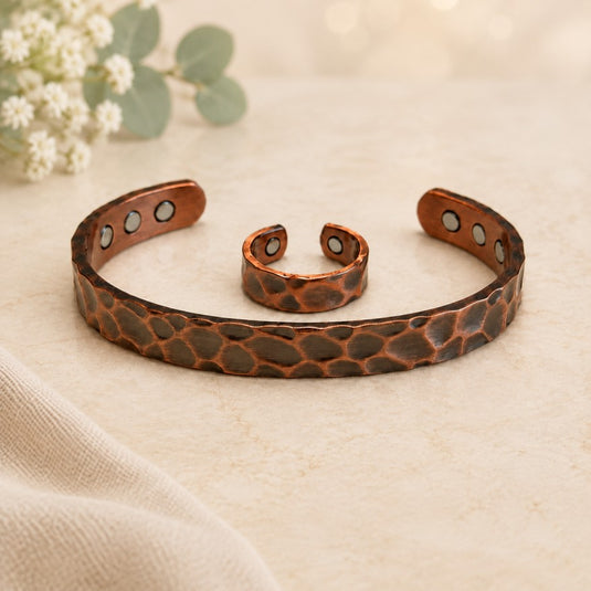 Hammered Antique Magnetic Copper Bracelet & Ring Set