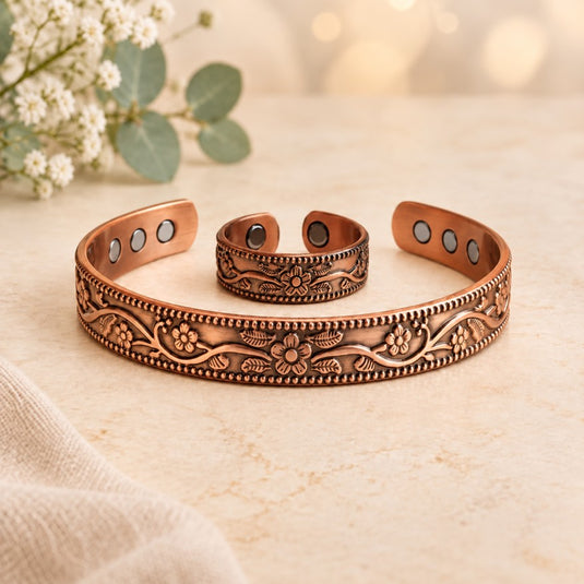 Magnetic Floral Copper Bracelet and Ring Set
