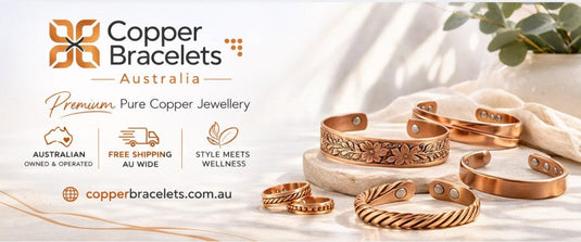 Copper bracelets and rings displayed on a white surface with 'Copper Bracelets Australia' branding.