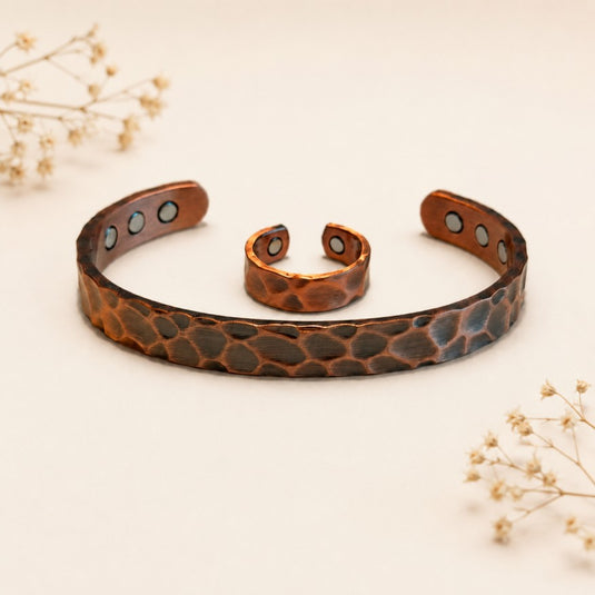 Hammered Antique Magnetic Copper Bracelet & Ring Set